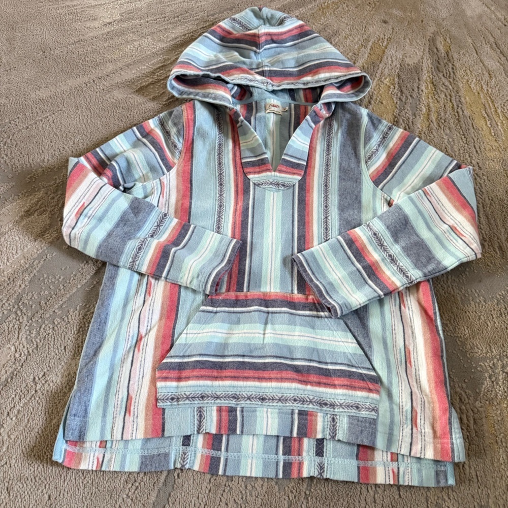 Faherty Baja Poncho sweater pullover hood stripe blue organic cotton medium - Picture 2 of 12